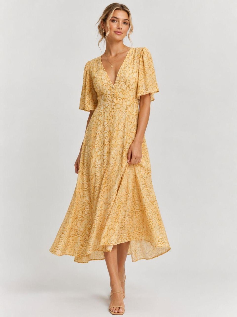 Python Print MIDI Faithfull the Brand Yellow Floral V-Neck Midi Dress Flutter